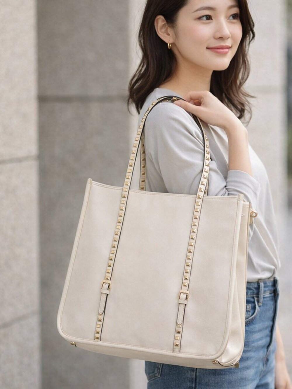 ALFA Bag studded dual strap large tote bag Taupe/Tan/khaki Shoulder Purse